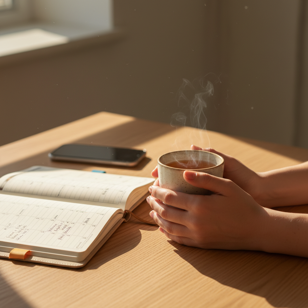 Hands holding a cup of herbal tea at an organized desk with a weekly planner