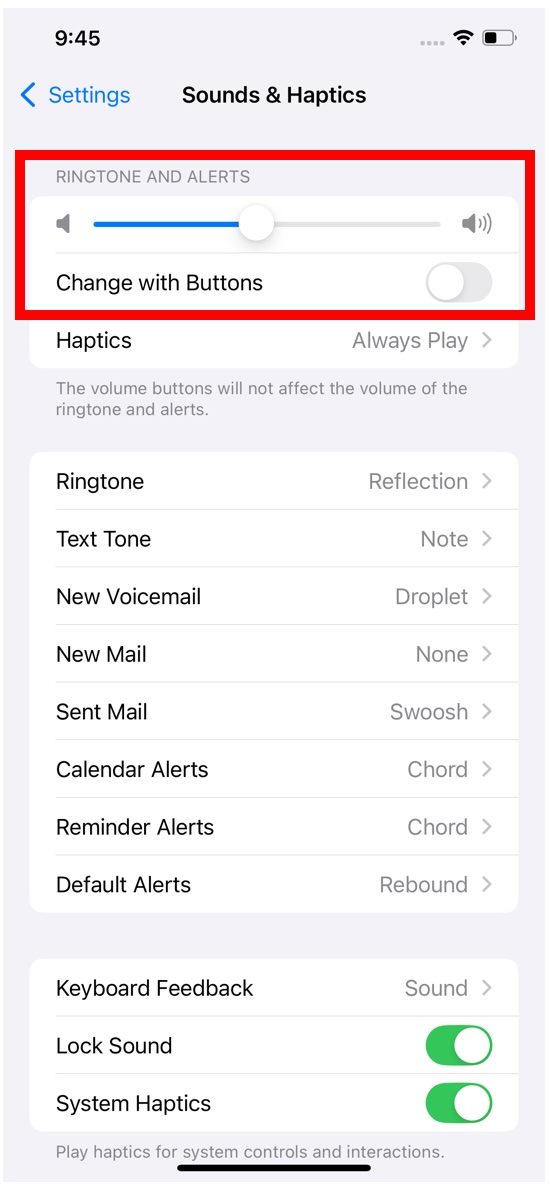 iPhone 声音与触感设置，显示铃声和闹钟音量滑块
