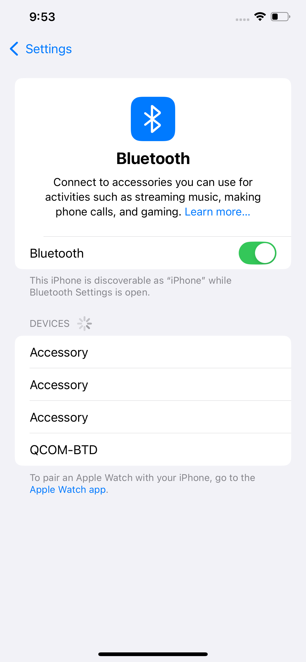 iPhone 蓝牙设置，显示已连接的设备
