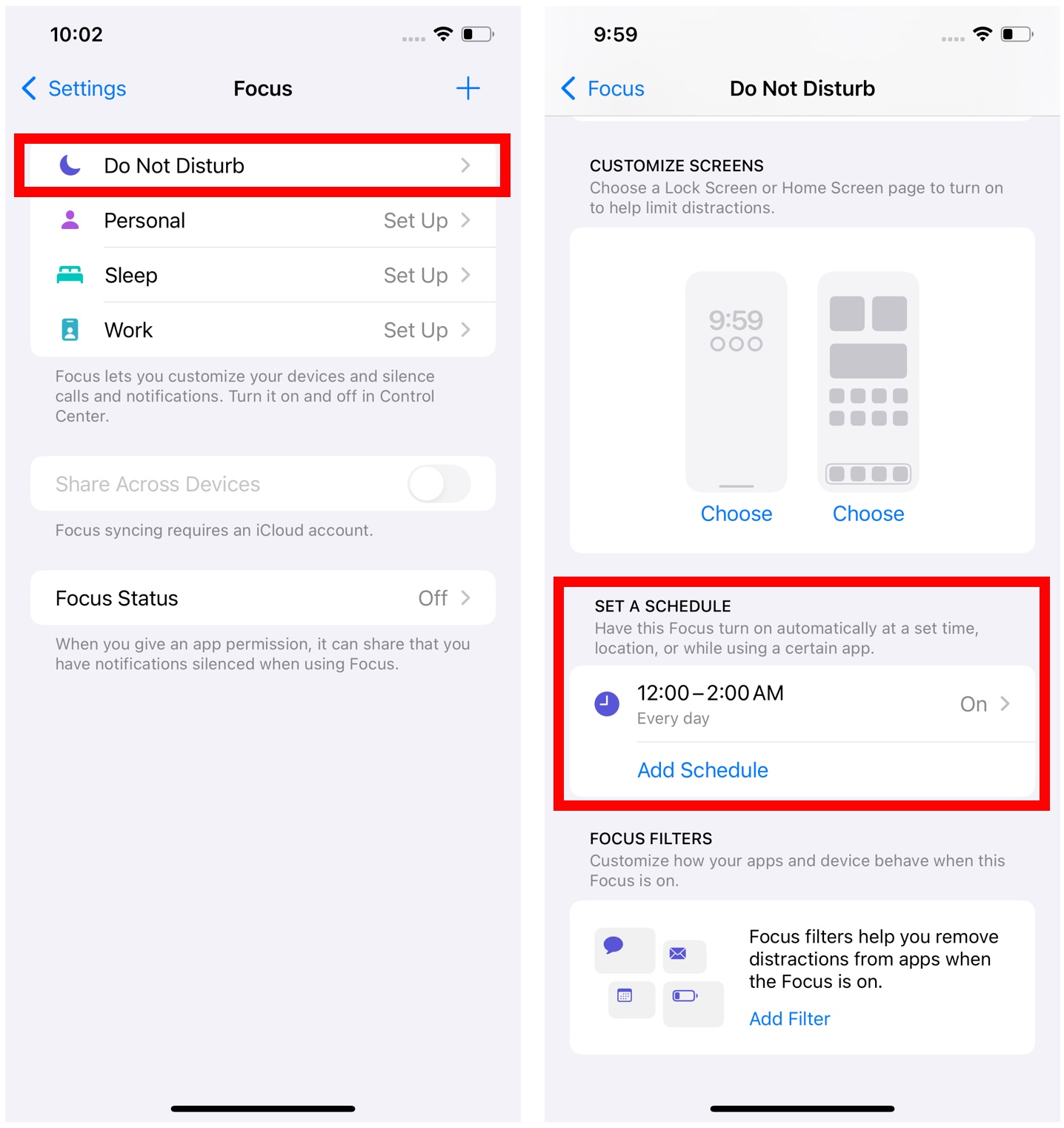 iPhone 专注模式设置，显示勿扰模式和睡眠选项