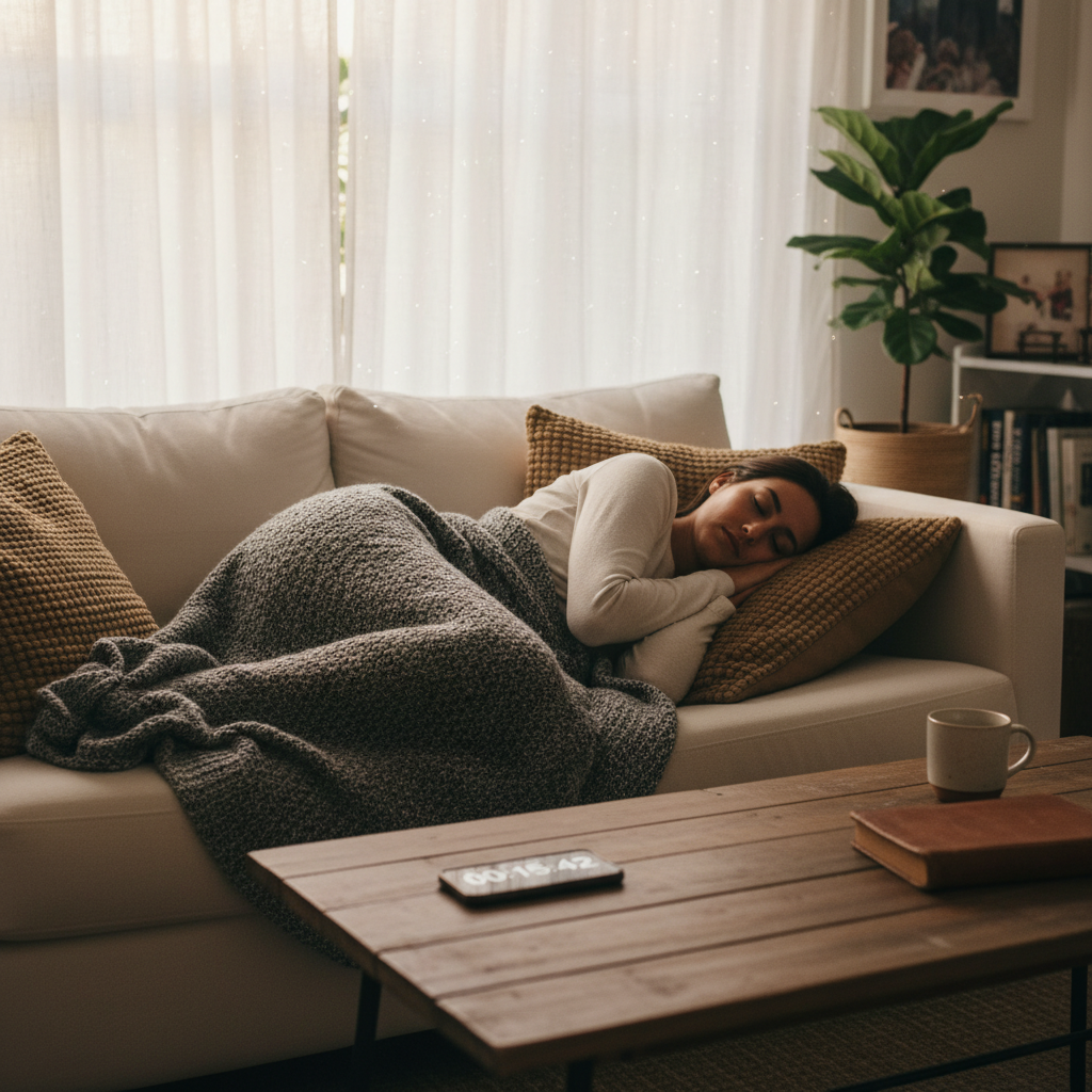 A person taking a strategic pre-shift nap on a sofa with a phone timer nearby for shift work sleep tips