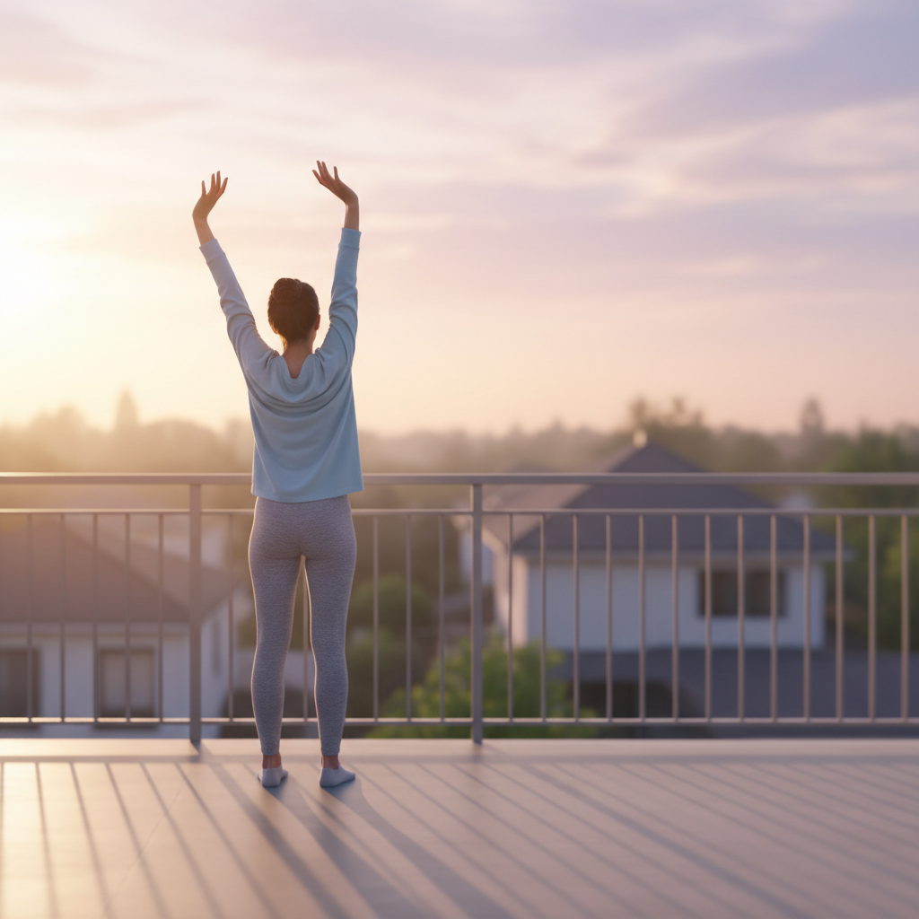 A person stretching on a balcony at sunrise as part of a morning exercise sleep improvement routine