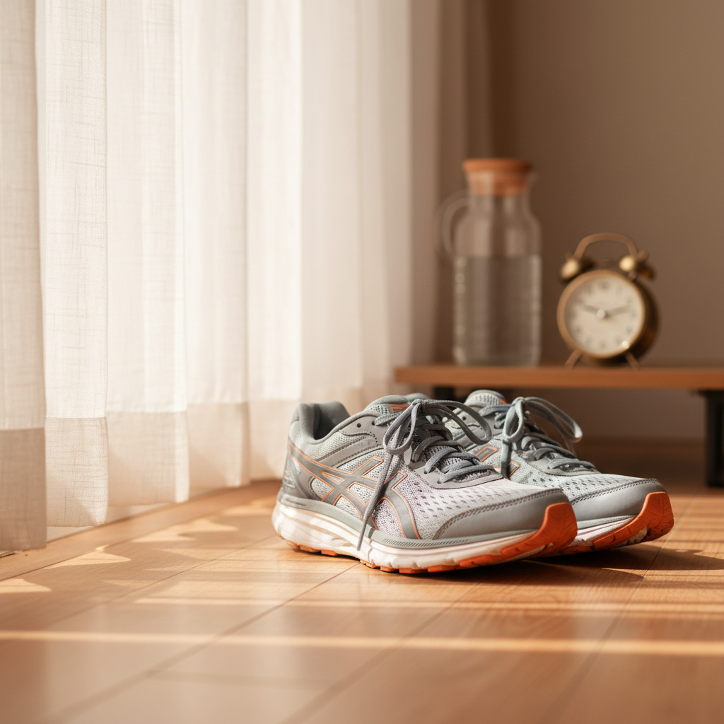 Running shoes beside a bed in morning sunlight symbolizing a morning workout benefits routine