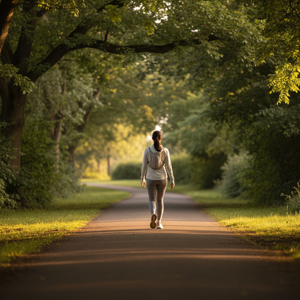 A person enjoying a calm morning walk in a sunlit park to improve exercise and sleep quality