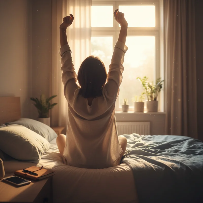 A person stretching in morning sunlight with a sleep journal nearby, representing positive steps to manage sleep talking causes