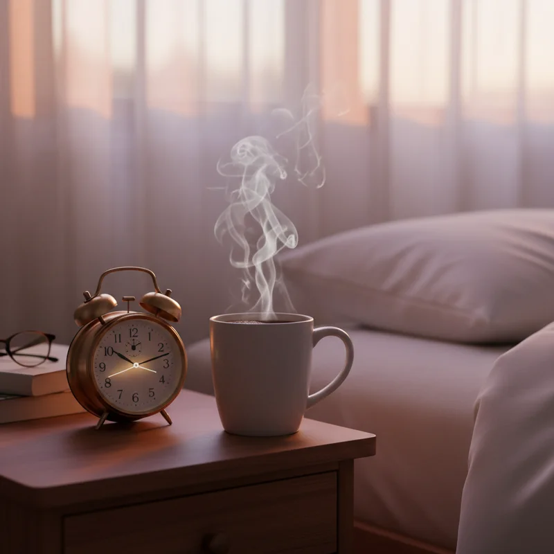 카페인 수면 영향을 상징하는 침실 협탁 위 커피잔과 알람 시계