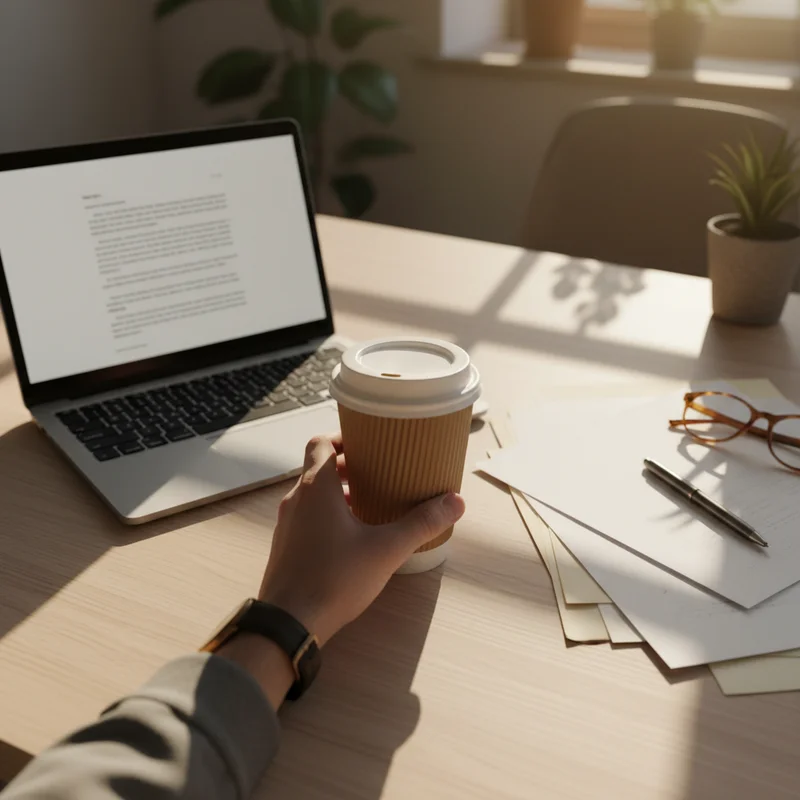 오후 커피 수면 영향을 고민하는 순간을 담은 사무실 책상 위 테이크아웃 커피