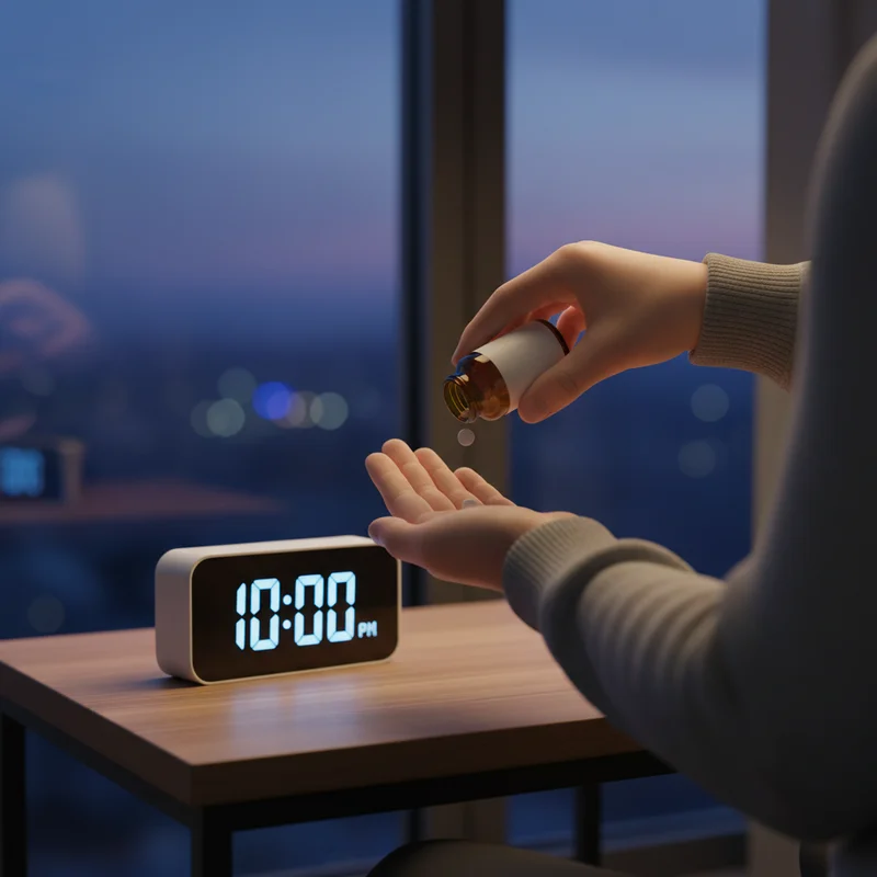 Hand pouring a single melatonin supplement pill before bedtime showing proper dosage timing for sleep