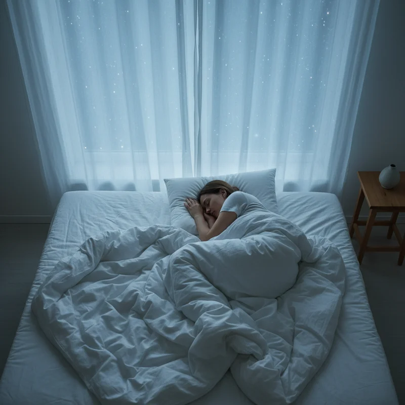 A person sleeping peacefully under moonlight and starry window, evoking why do we dream
