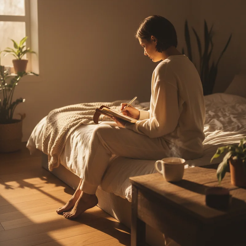 Person writing a dream journal in morning sunlight, representing practical tips for why do we dream and managing dream experiences