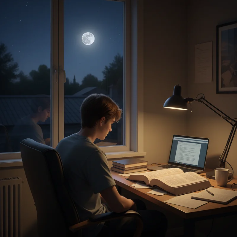 A desk with open textbooks at night symbolizing the choice between sleep before exams and late-night studying