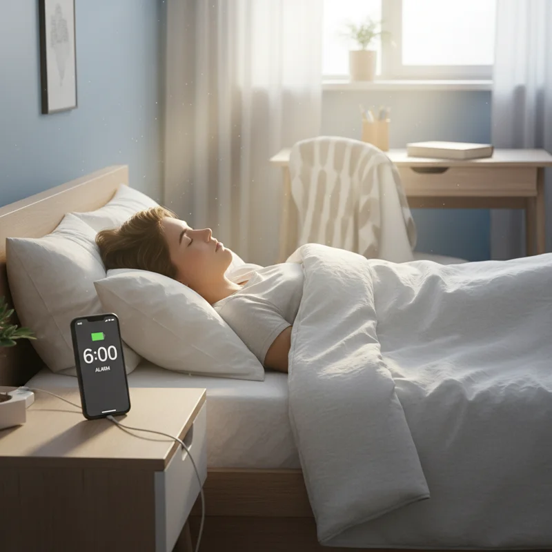 시험 기간 수면 관리를 실천하며 편안히 잠든 학생과 알람이 설정된 스마트폰