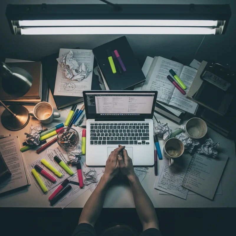 밤새 공부로 지친 학생의 책상 위 커피잔과 필기 노트