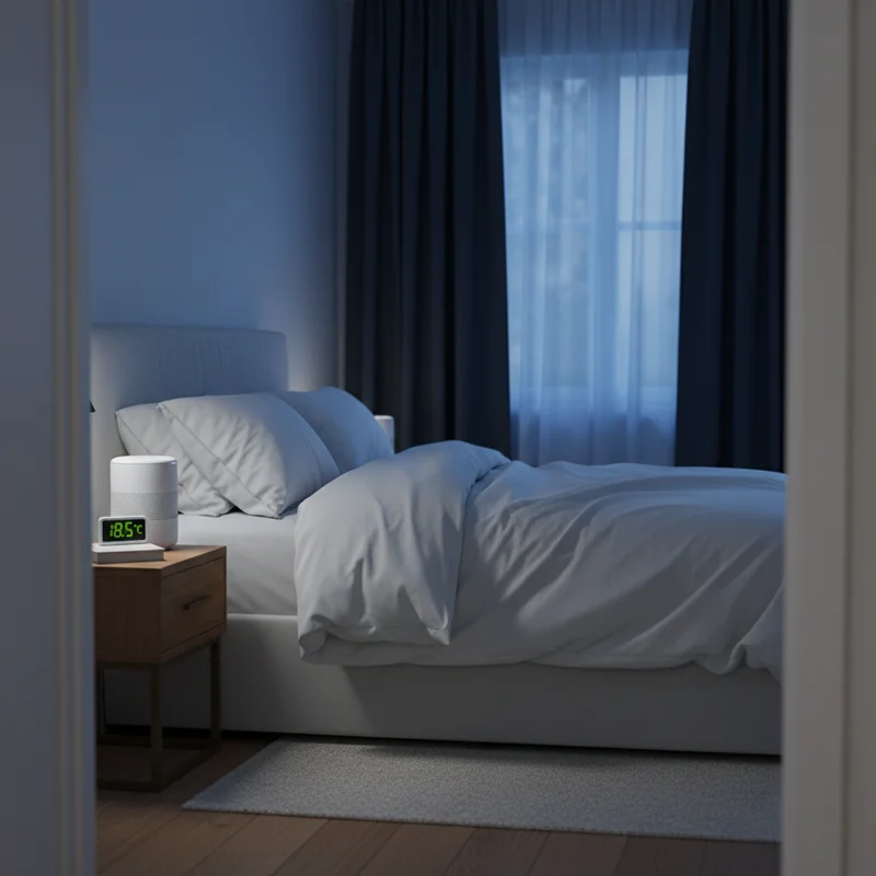 수면 환경 만들기에 최적화된 침실 전경 — 암막 커튼, 온도계, 백색소음기
