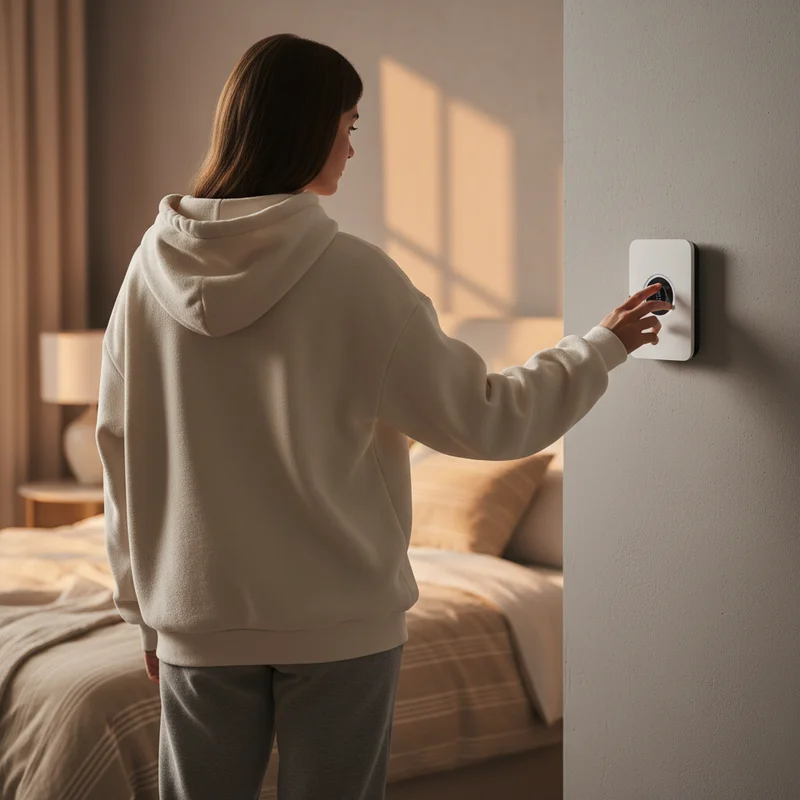 수면 환경 만들기를 위해 침실 온도 조절기를 조작하는 사람의 뒷모습