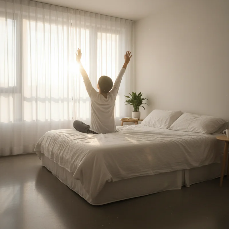 수면 환경 만들기 후 상쾌하게 기상하여 기지개를 켜는 뒷모습