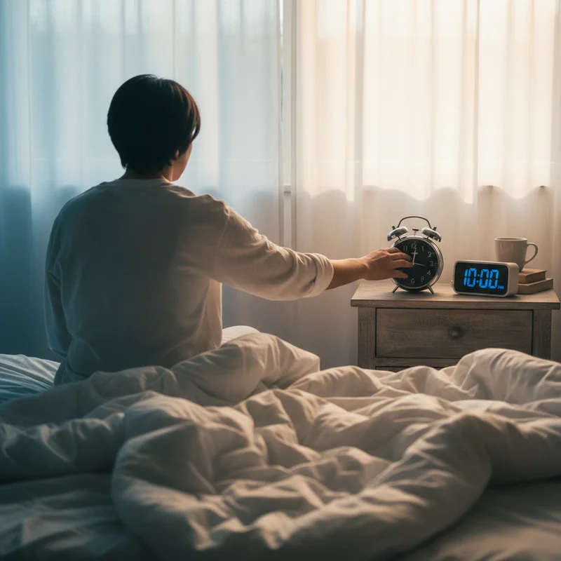 Alarm clock on a bedside table showing the gap between weekday and weekend wake-up times, visualizing social jet lag