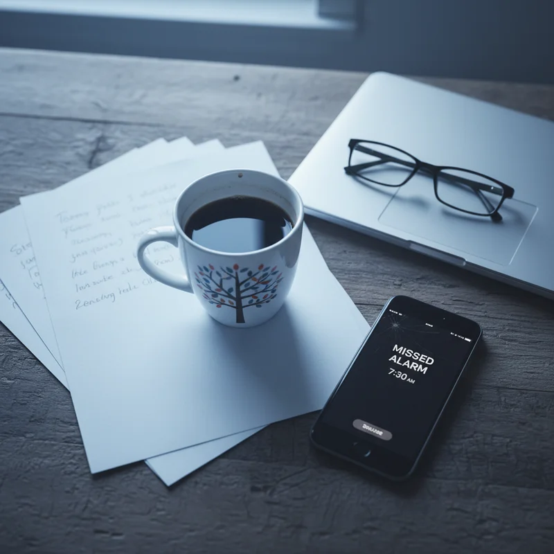 Monday morning desk with half-empty coffee cup and smartphone, representing the fatigue caused by social jet lag