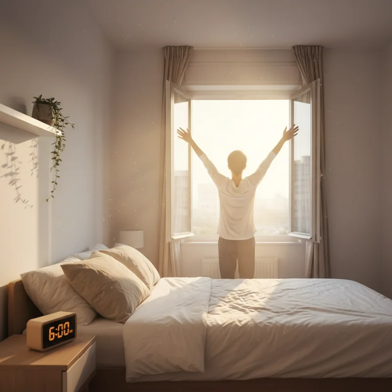 Person stretching by a sunlit window in the morning, overcoming social jet lag through a consistent sleep routine
