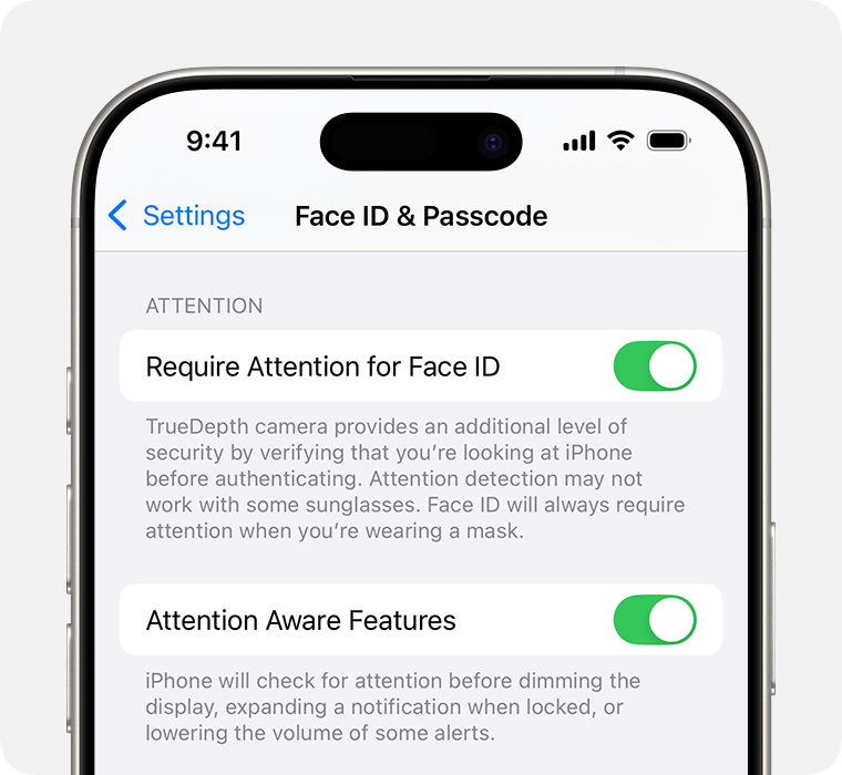 iPhone Face ID & Passcode settings showing Attention Aware Features toggle