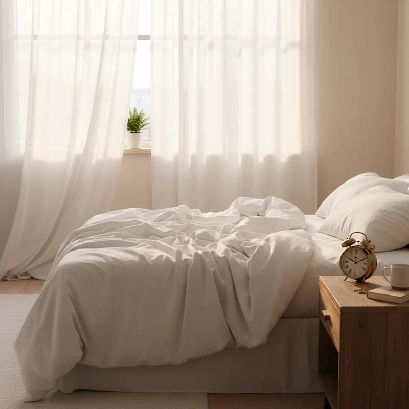 새벽 햇살이 들어오는 침실과 탁상 위 알람 시계 — 적정 수면 시간을 상징하는 평화로운 아침 풍경