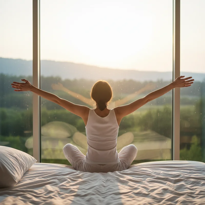 아침 햇살을 받으며 기지개를 켜는 뒷모습 — 적정 수면 시간을 채운 뒤 개운하게 일어난 모습