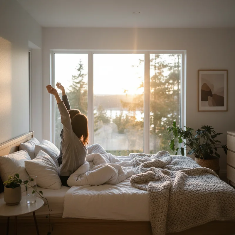 A couple waking up refreshed in morning light after using the scandinavian sleep method with separate duvets