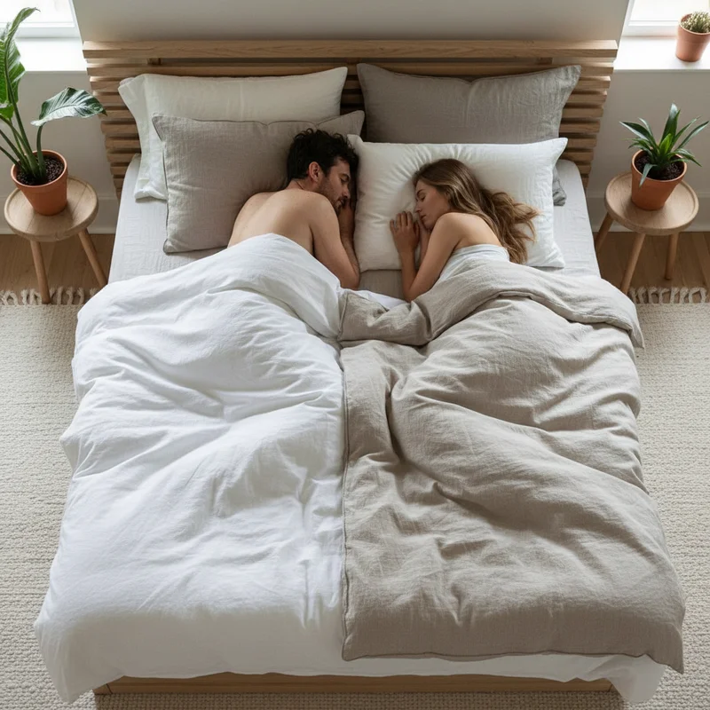 A couple sleeping comfortably under separate blankets using the scandinavian sleep method, seen from above
