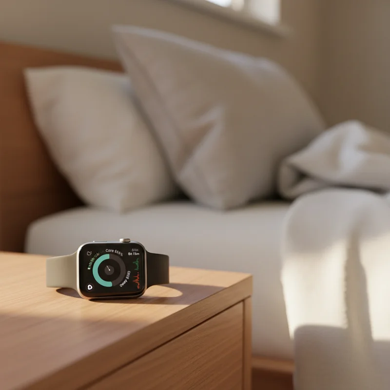 Apple Watch on a bedside table displaying a sleep stage summary showing what is core sleep and its percentage