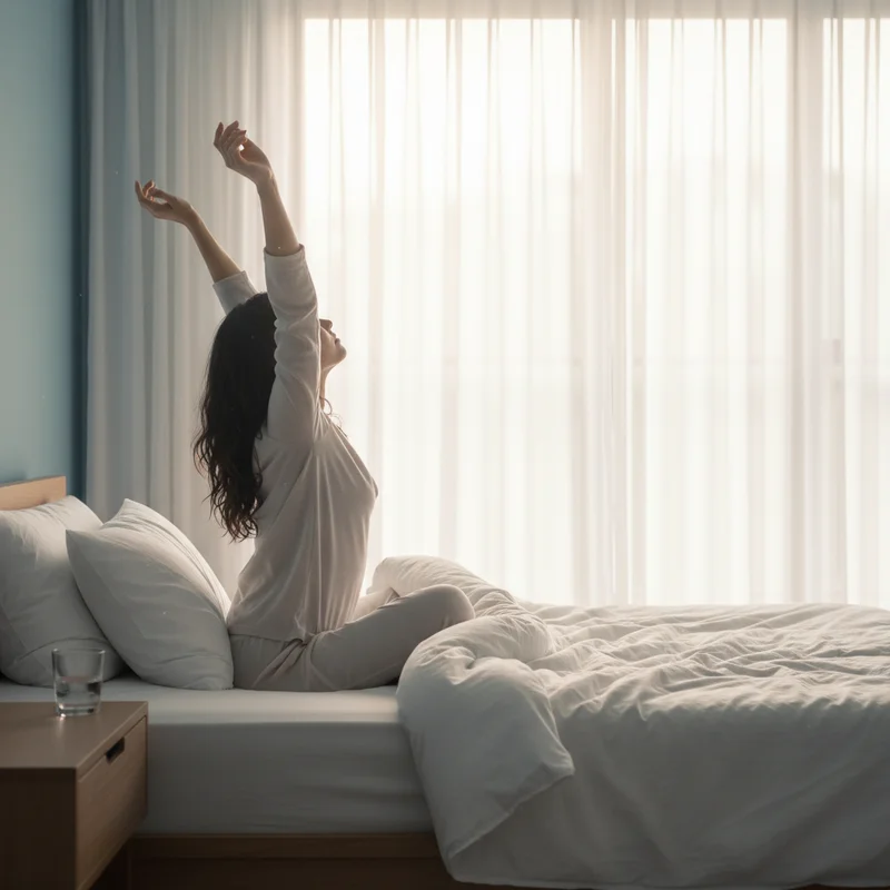 A person waking up refreshed in morning sunlight after getting enough core sleep, stretching with a sense of restoration