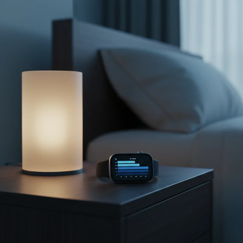 A sleep tracker smartwatch on a bedside table displaying a sleep stage graph showing how much deep sleep you need each night