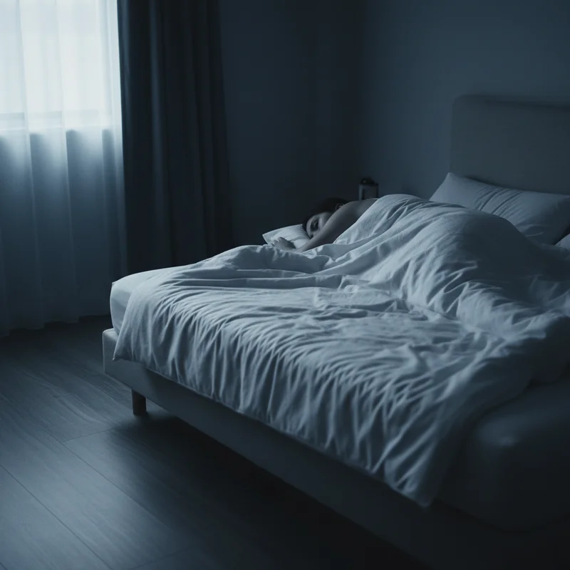 A person sleeping deeply under a white duvet in a dark quiet bedroom, representing how much deep sleep the body needs for physical restoration