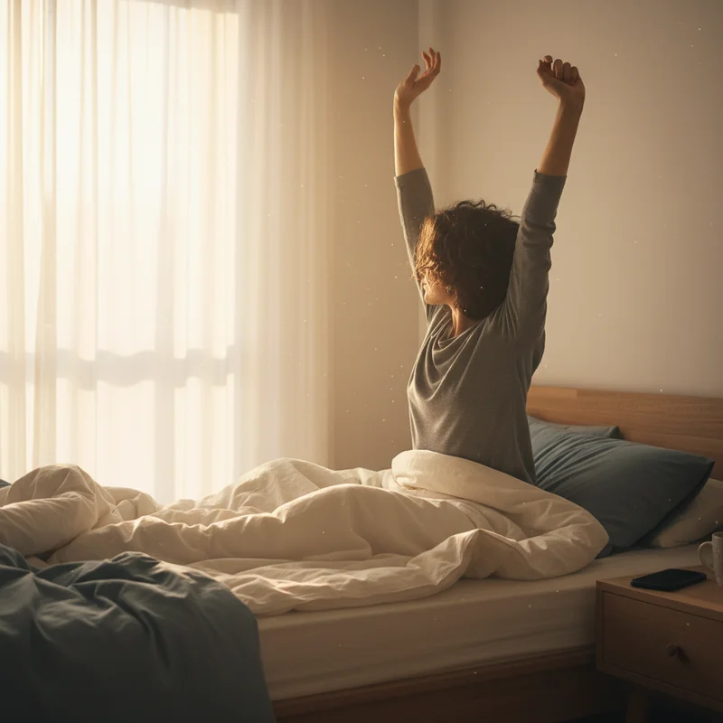 Person waking up successfully and stretching in morning light — finally beating the heavy sleeper alarm struggle