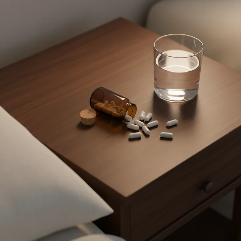 Magnesium for sleep capsules and a glass of water resting on a dark bedside table before bed