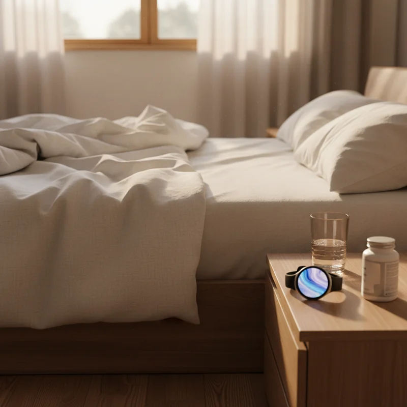A peaceful morning bedroom with a sleep-tracking smartwatch and magnesium for sleep supplement bottle on the nightstand