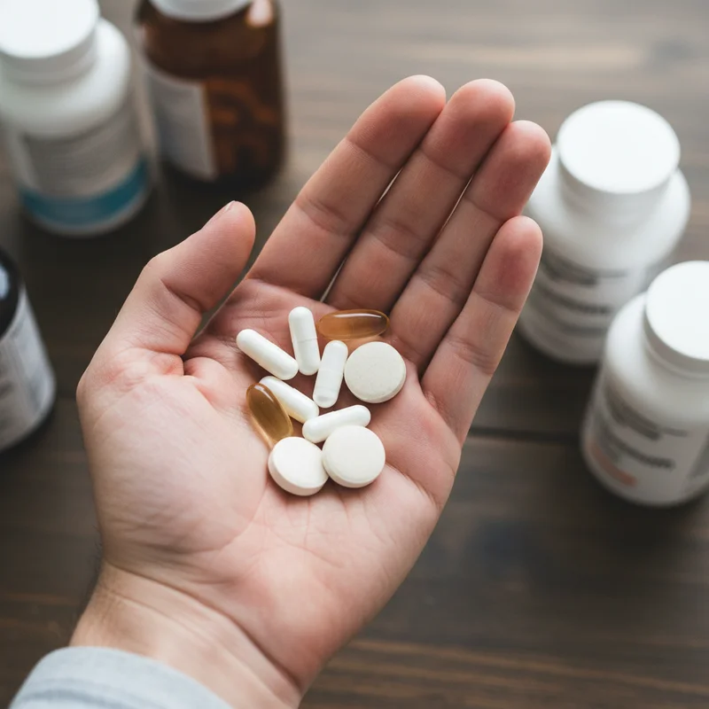 An open hand comparing different types of magnesium for sleep supplement capsules and tablets