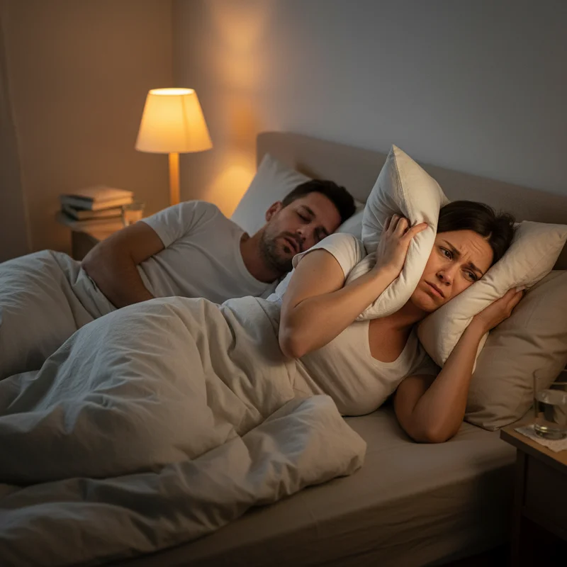 A partner covering their ear with a pillow next to a snoring sleeper in a dimly lit bedroom