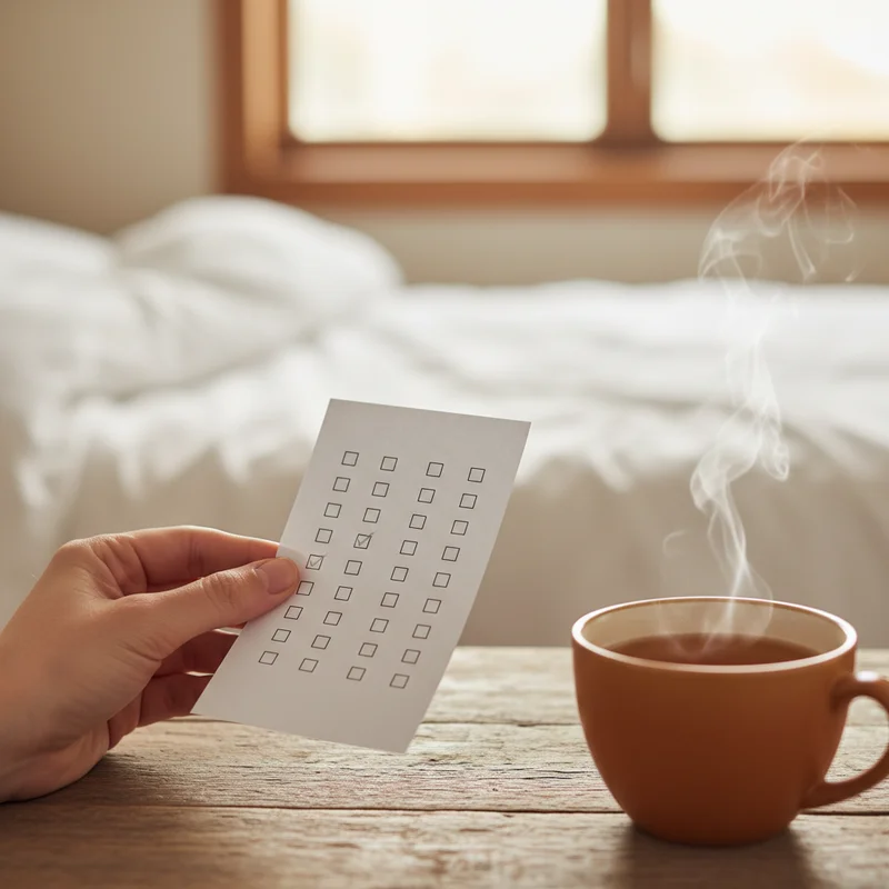 A hand checking a self-assessment checklist for snoring causes and remedies on a wooden table