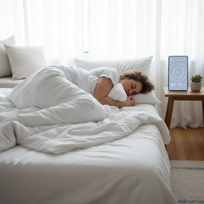 A peaceful morning bedroom showing side-sleeping posture and a phone with sleep tracking data