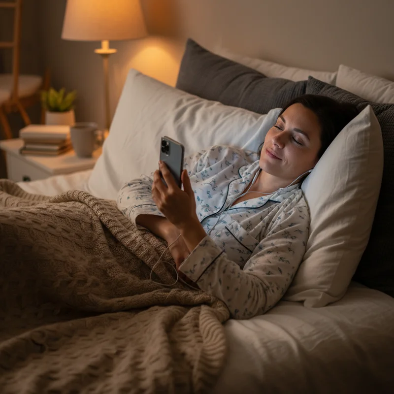 성인 잠자리 동화를 들으며 편안하게 잠자리에 드는 성인의 모습