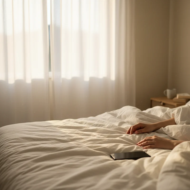 잠자리 동화 루틴 후 편안하게 숙면을 마친 아침 침실 풍경