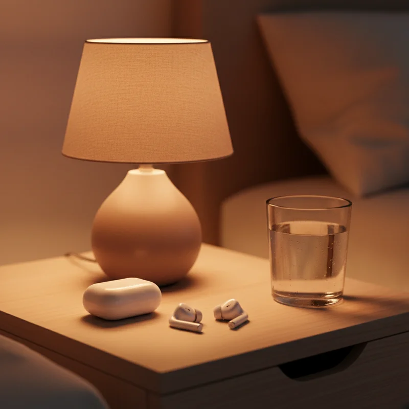 잠자리 동화를 듣기 위해 침대 옆 테이블에 놓인 무선 이어폰과 은은한 조명