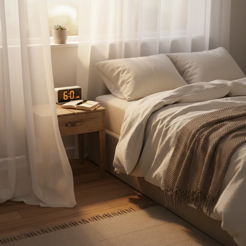 A bedroom at 6 AM bathed in soft sunrise light, showing an alarm clock and journal on the nightstand — the starting point of a miracle morning habit