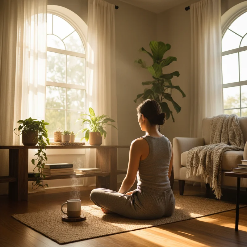 A person seen from behind sitting on a yoga mat by a sunny window, embodying a sustainable miracle morning habit that has become second nature