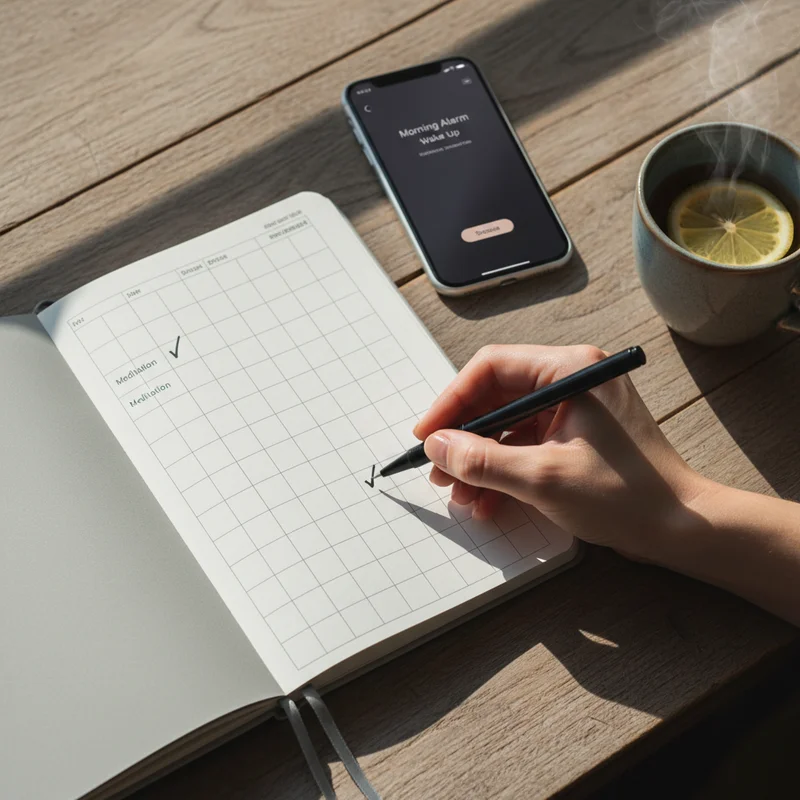 A hand checking off a streak calendar beside a morning alarm app — a visual of miracle morning habit formation and streak tracking in action