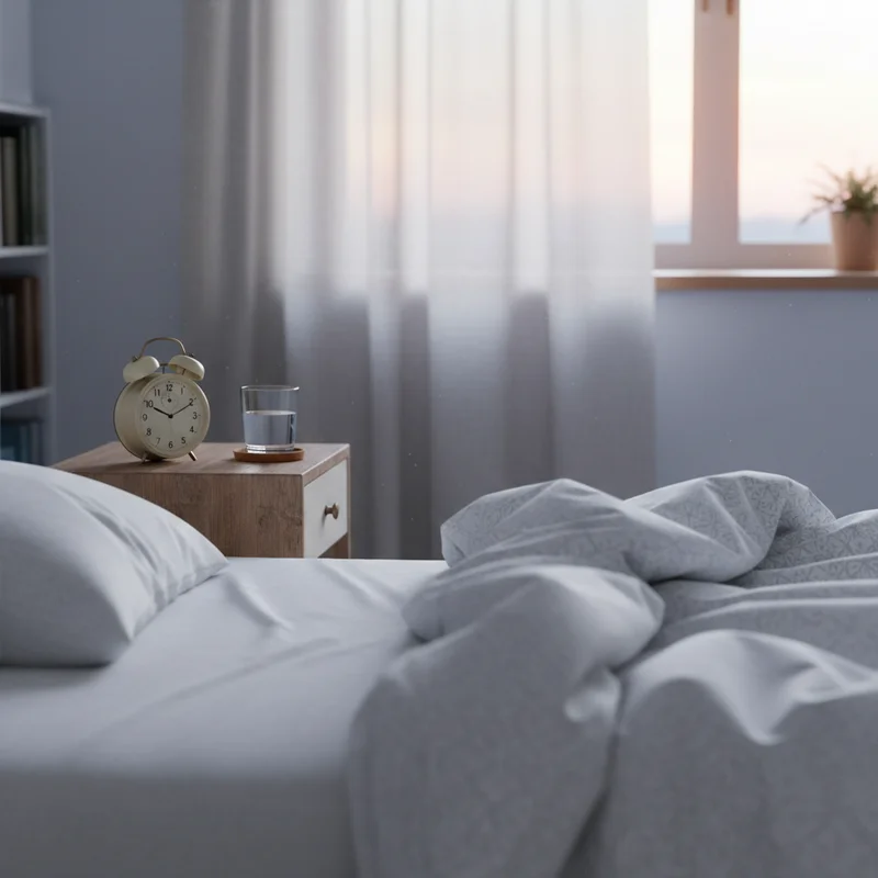 The quiet start of learning how to become a morning person — a bedroom at dawn with an alarm clock, a glass of water, and gently pulled-back sheets