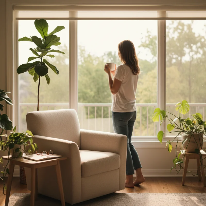 A person from behind holding a mug by a sunlit window — the calm, unhurried morning of someone who has learned how to become a morning person