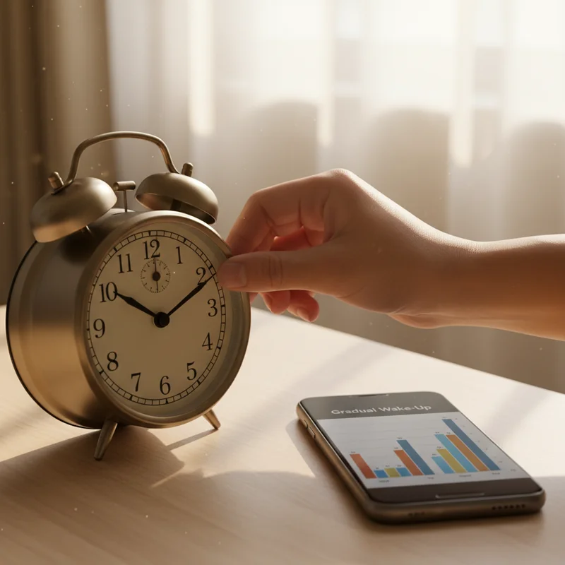 Hands gently adjusting an alarm clock earlier — a visual of the gradual 15-minute shift method for how to become a morning person