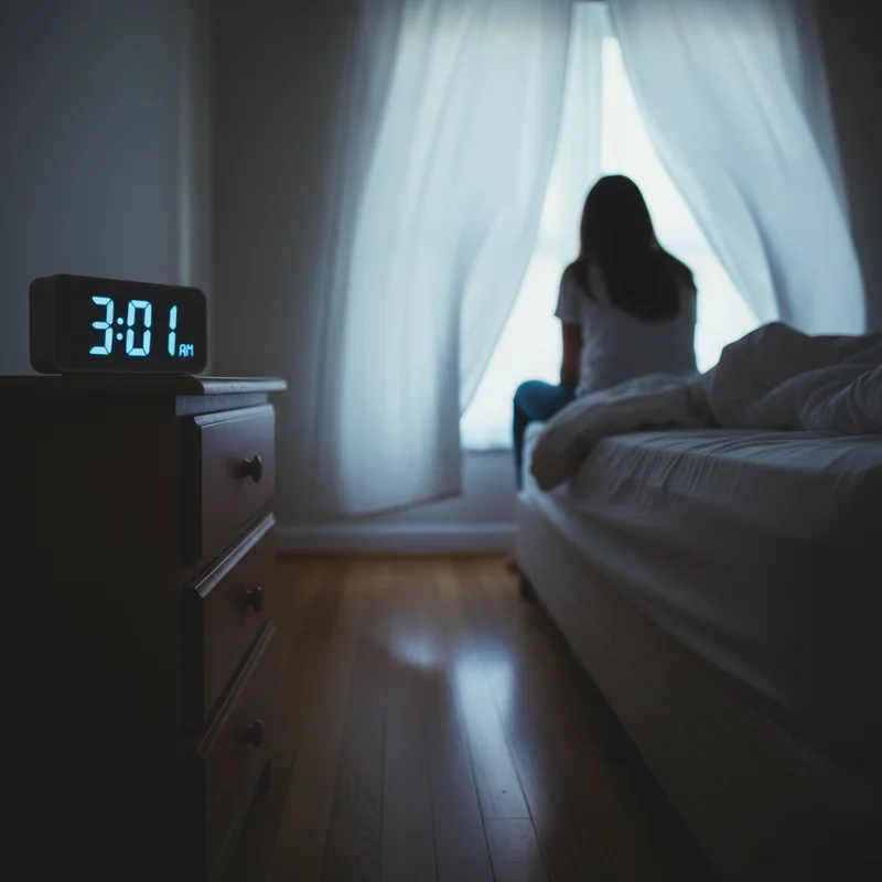 새벽에 자꾸 깨는 이유를 떠올리며 침대 위에서 잠 못 이루는 사람의 실루엣과 어둠 속 시계