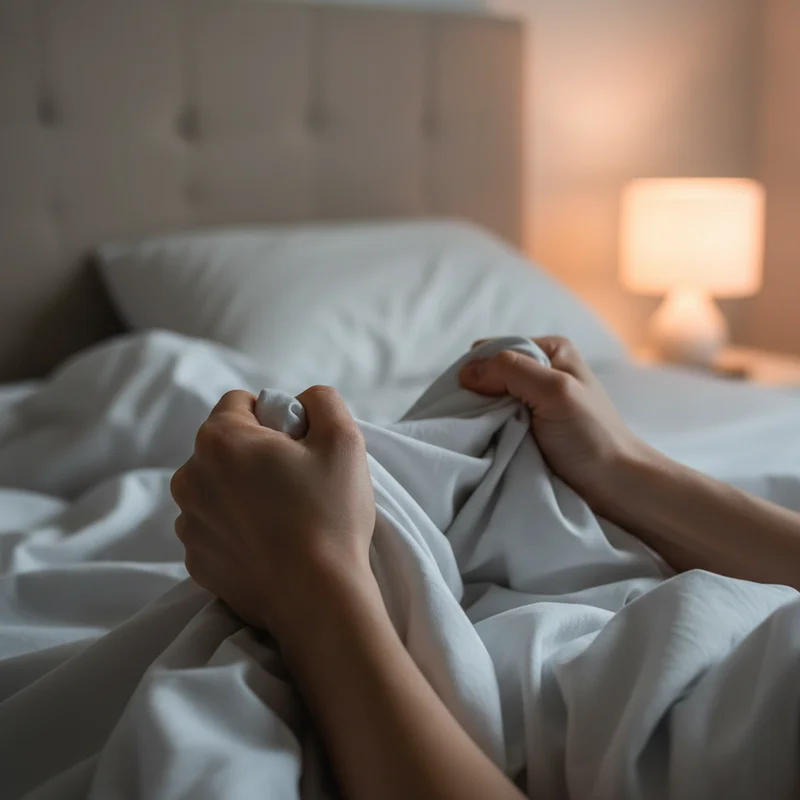Close-up of hands gripping bed sheets at night illustrating stress as a cause of waking up in the middle of the night